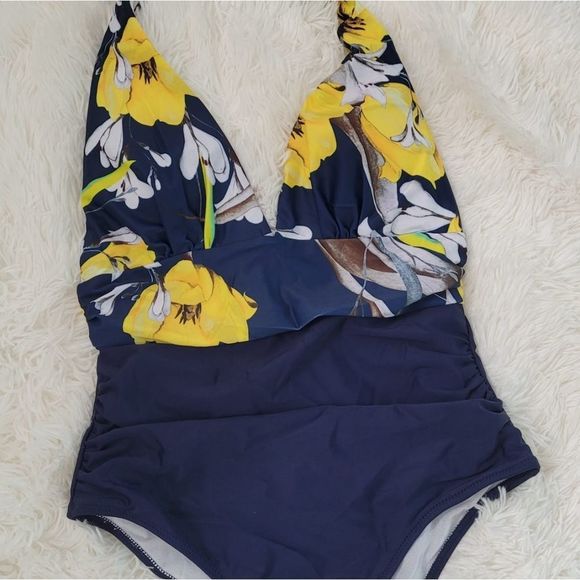 Navy floral deep v-neck backless women monokini one-piece sexy halter #16 - Picture 6 of 9